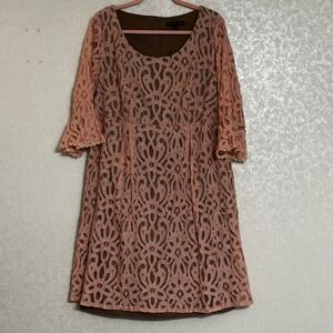 Chris McLaughlin Pink Lace Bell Sleeve A-Line Dress Knee Length Brown Lining 16W